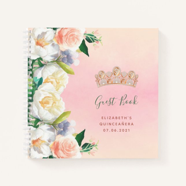 Guest book Quinceanera tiara blush pink floral (Front)