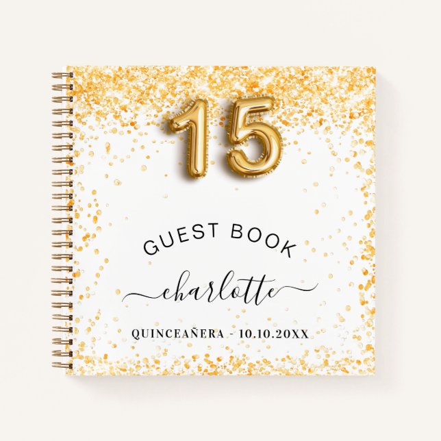 Guest book Quinceanera white gold glitter (Front)