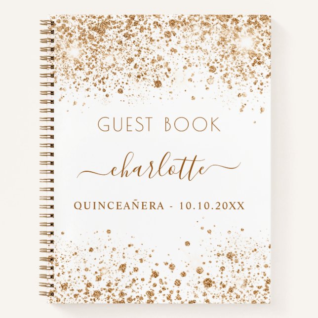 Guest book Quinceanera white gold glitter name (Front)