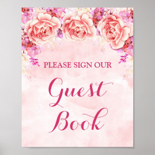 Guest Book Sign Pink Watercolor Flowers