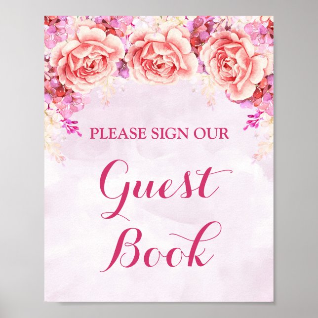 Guest Book Sign Purple Pink Watercolor Flowers (Front)