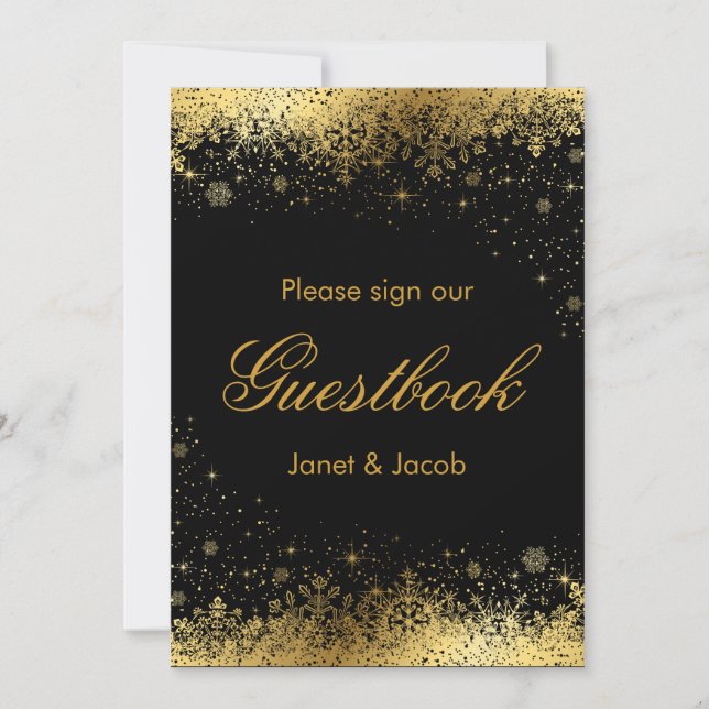 Guest Book Sign - Stylish Black and Gold Snowflake Holiday Card (Front)