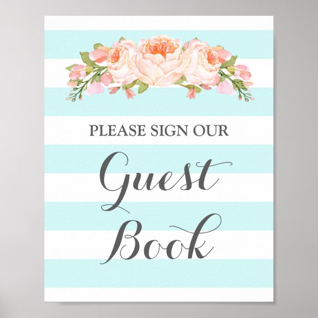 Guest Book Sign Vintage Blue Flowers Stripes (Front)