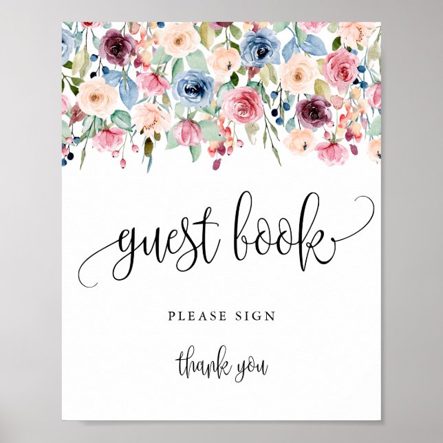Guest Book Sign Watercolor Flower Bloom Poster (Front)
