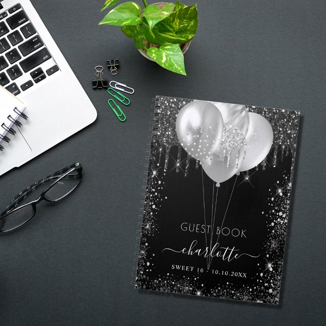 Guest book Sweet 16 black silver glitter name (Creator Uploaded)