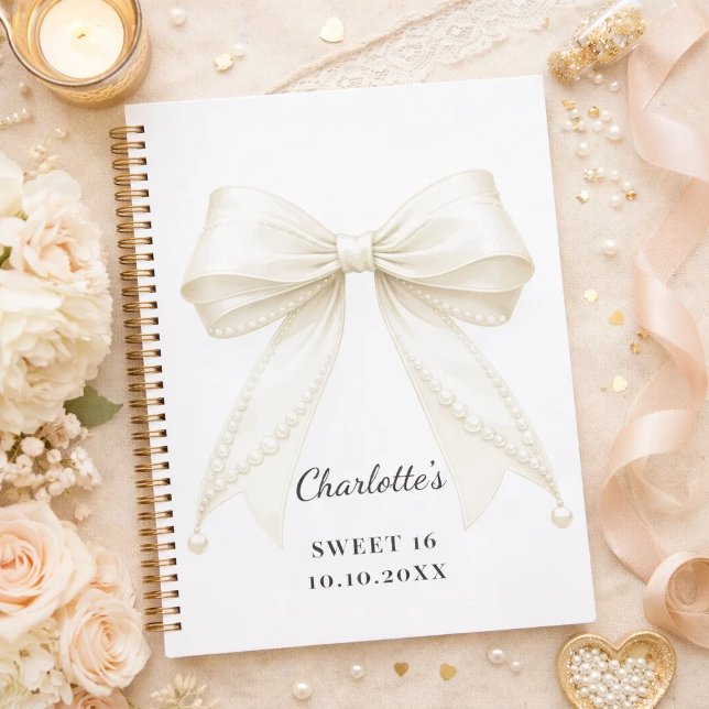 Guest book Sweet 16 bow ivory pearls (Creator Uploaded)