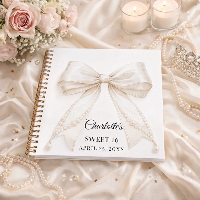 Guest book Sweet 16 bow ivory white pearls (Creator Uploaded)