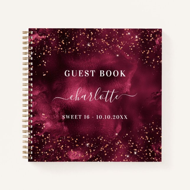 Guest book Sweet 16 burgundy rose gold glitter (Front)