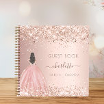 Guest book Sweet 16 dress glitter rose gold<br><div class="desc">A guestbook for a feminine and glamourous Sweet 16, 16th birthday party. A stylish rose gold faux metallic looking background with faux glitter, sparkles and a girl wearing a princess dress, ball gown. Personalise and add your name, and age/date. The name is written with a hand lettered style script with...</div>