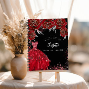 Guest book Sweet 16 red black glitter dress
