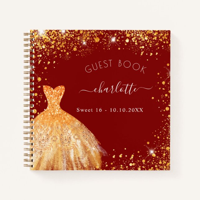 Guest book Sweet 16 red gold glitter dress  (Front)