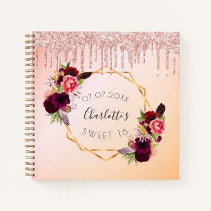 Guest book Sweet 16 rose gold drips flower