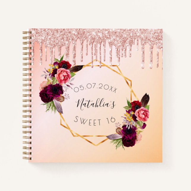 Guest book Sweet 16 rose gold glitter drips floral (Front)