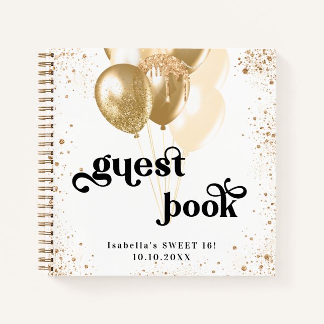 Guest book Sweet 16 white gold balloons name (Front)