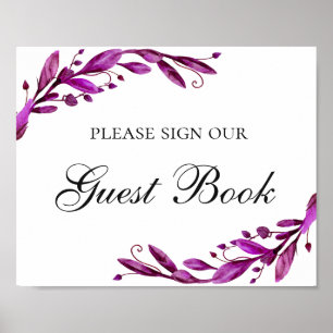 Guest book. Watercolor purple floral wedding Poster