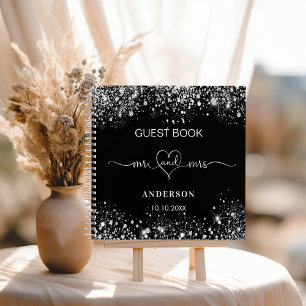Guest book wedding black silver glitter mr mrs