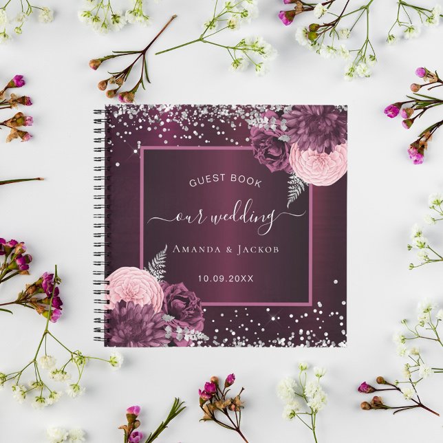 Guest book wedding burgundy silver floral (Creator Uploaded)