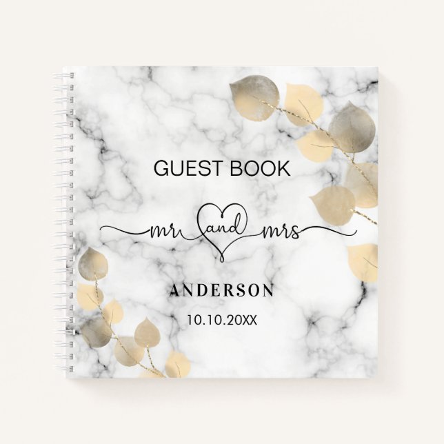 Guest book wedding marble eucalyptus golden mr mrs (Front)