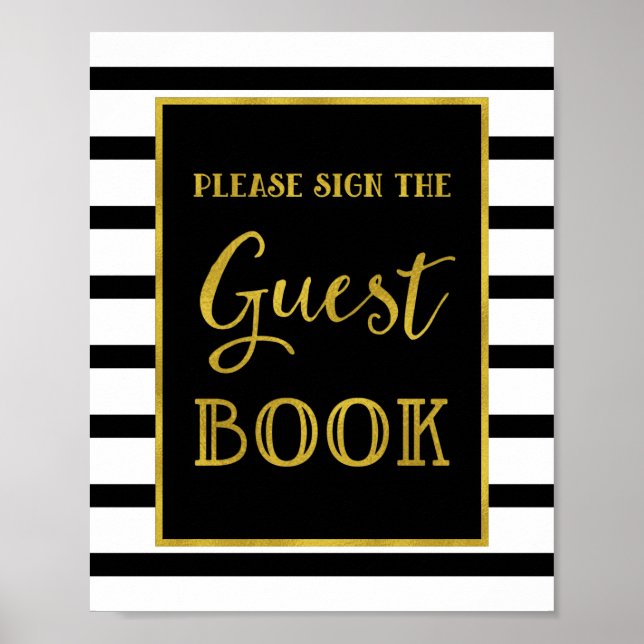 Guest Book Wedding Sign Gold Black Stripes (Front)