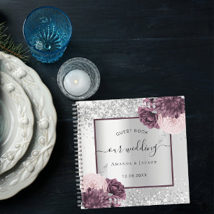 Guest book wedding silver burgundy flowers