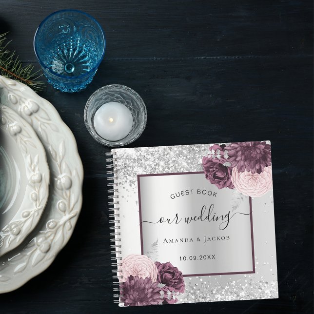 Guest book wedding silver burgundy flowers (Creator Uploaded)