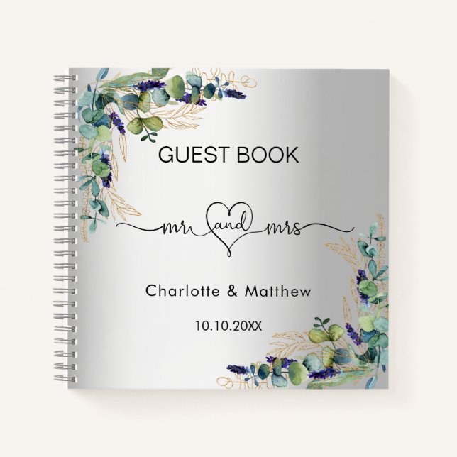 Guest book wedding silver eucalyptus mr mrs (Front)