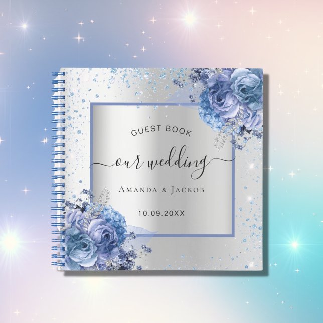 Guest book wedding silver navy blue florals (Creator Uploaded)