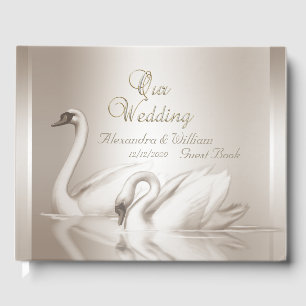 Guest Book Wedding Swans Damask Cream White