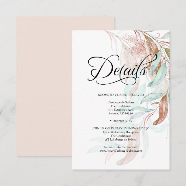 GUEST DETAILS |  Aqua Coral Eucalyptus Leaves Invitation (Front/Back)