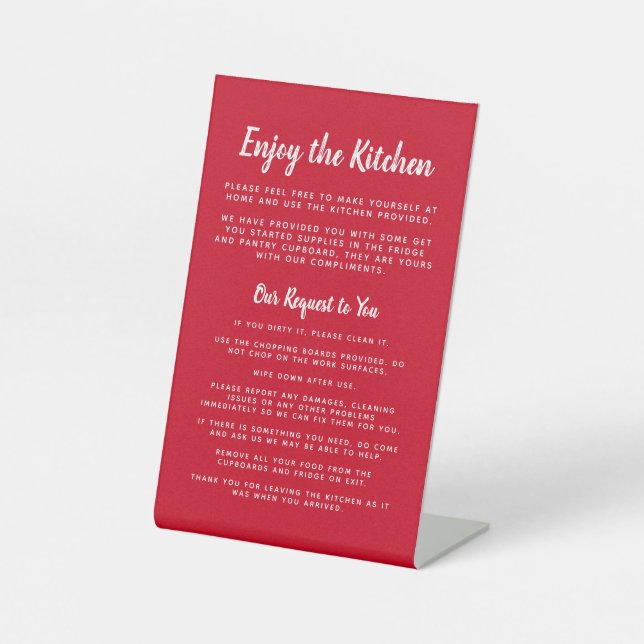 Guest enjoy the kitchen simple house rules red pedestal sign (Front)