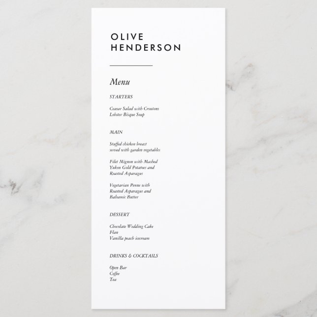 Guest Name on Menu Minimalist Wedding Flat Menu (Front)