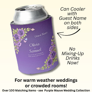Guest Name Purple Mauve Flowers & White Wedding  Can Cooler