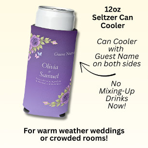 Guest Name Purple Mauve Flowers & White Wedding  Seltzer Can Cooler