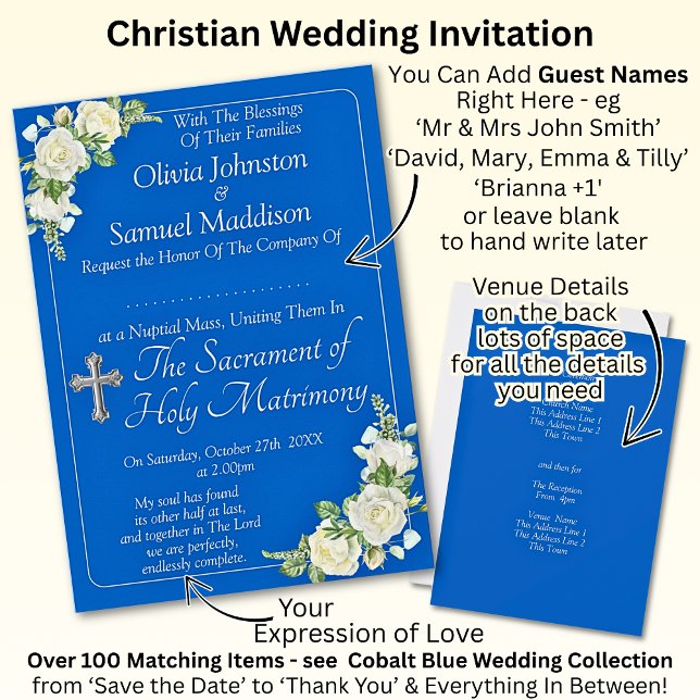 Guest Names, Christian Cobalt Blue & White Roses  Invitation (Creator Uploaded)