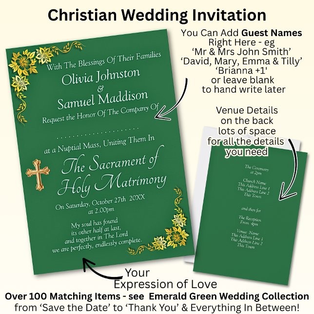 Guest Names, Christian Emerald Green & Gold Invitation (Creator Uploaded)
