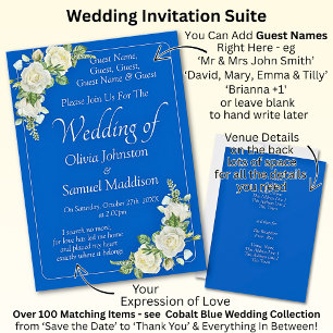 Guest Names, Cobalt Blue & White Roses Wedding Invitation