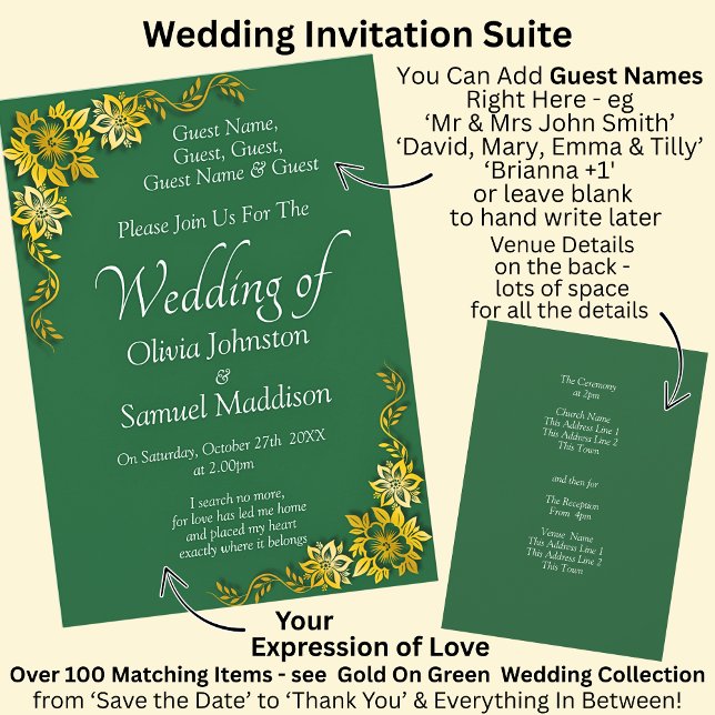 Guest Names, Emerald Green & Gold Wedding  Invitation (Creator Uploaded)