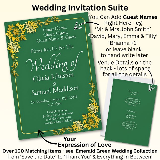 Guest Names, Emerald Green & Gold Wedding  Invitation (Creator Uploaded)