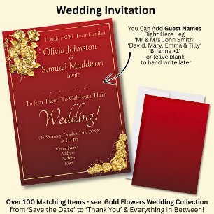 Guest Names, Gold Roses Maroon Red Wedding  Invitation