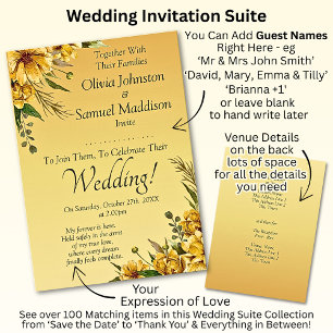 Guest Names, Golden Yellow Flowers Wedding Suite Invitation