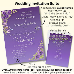 Guest Names, Purple Mauve Flowers & White Wedding  Invitation