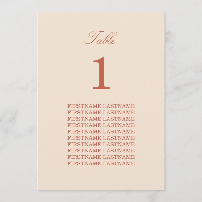 Guest Names Terracotta Script Table Card (Front)