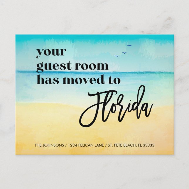 Guest Room Moved to Florida Beach Scene New Home Announcement Postcard (Front)
