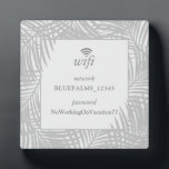 Guest Room Wifi Password Sign for Beach House Grey Plaque<br><div class="desc">A chic neutral beach theme guest wifi password sign that will look great in a modern island theme house or room with a grey palm leaf pattern. Fonts and text colour can be changed by clicking 'customise further' to match your beach rental house decor.</div>