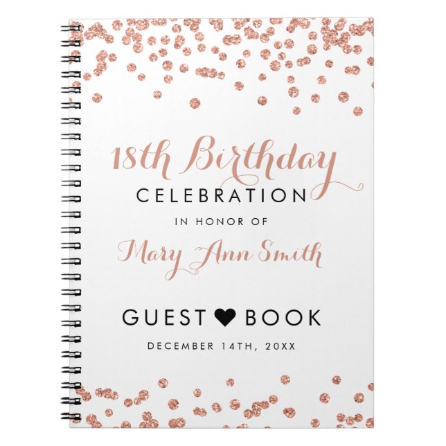 Guestbook 18th Birthday Rose Gold Glitter Confetti Notebook (Front)
