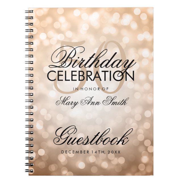 Guestbook 50th Birthday Party Copper Glitter Light Notebook (Front)