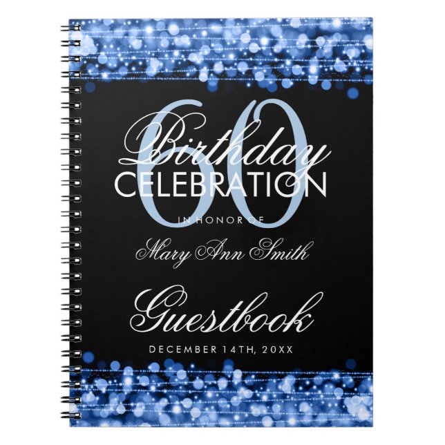 Guestbook 60th Birthday Party Sparkles Blue Notebook (Front)
