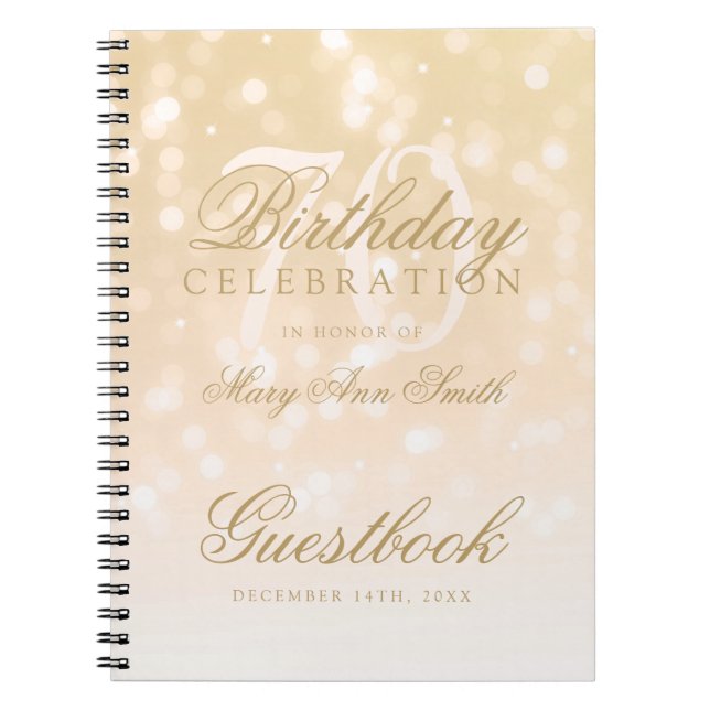 Guestbook 70th Birthday Gold Bokeh Sparkle Lights Notebook (Front)