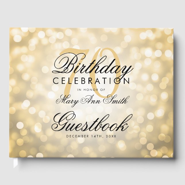 Guestbook 70th Birthday Party Gold Glitter Light (Front)