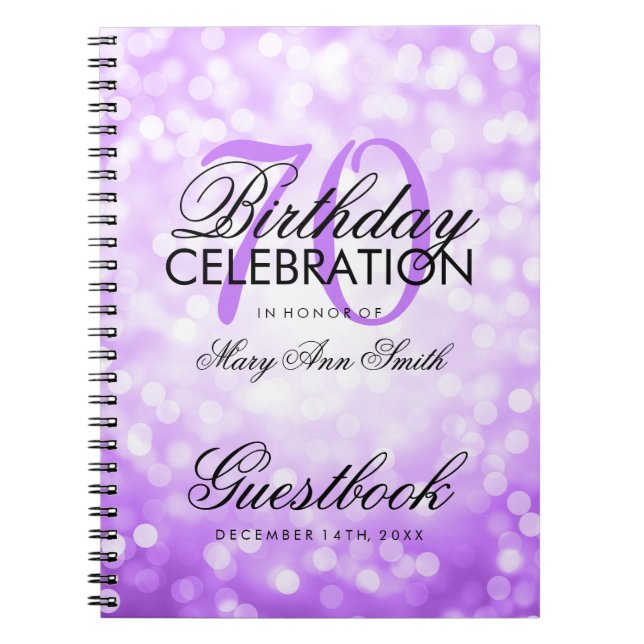 Guestbook 70th Birthday Party Purple Glitter Light Notebook (Front)